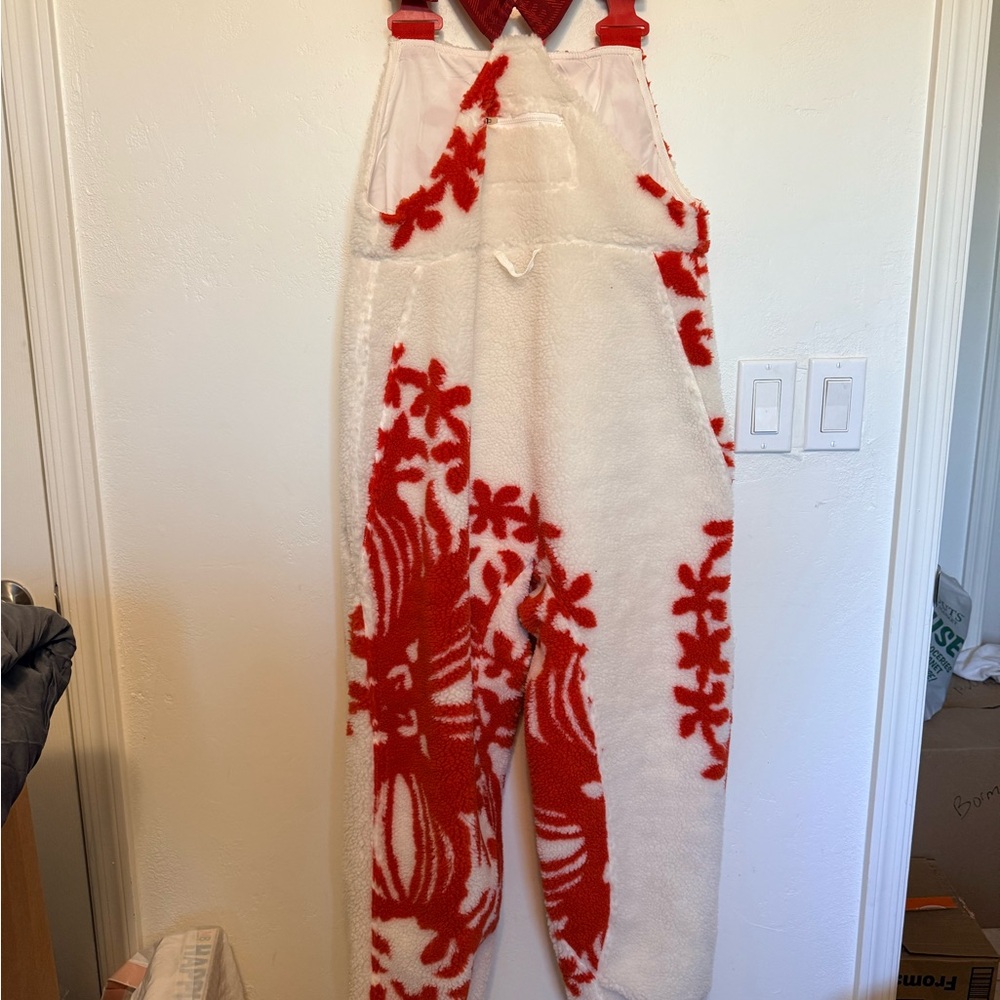 Free People Cozy Red & White Fleece Overalls Snow Pants - Picture 8 of 15